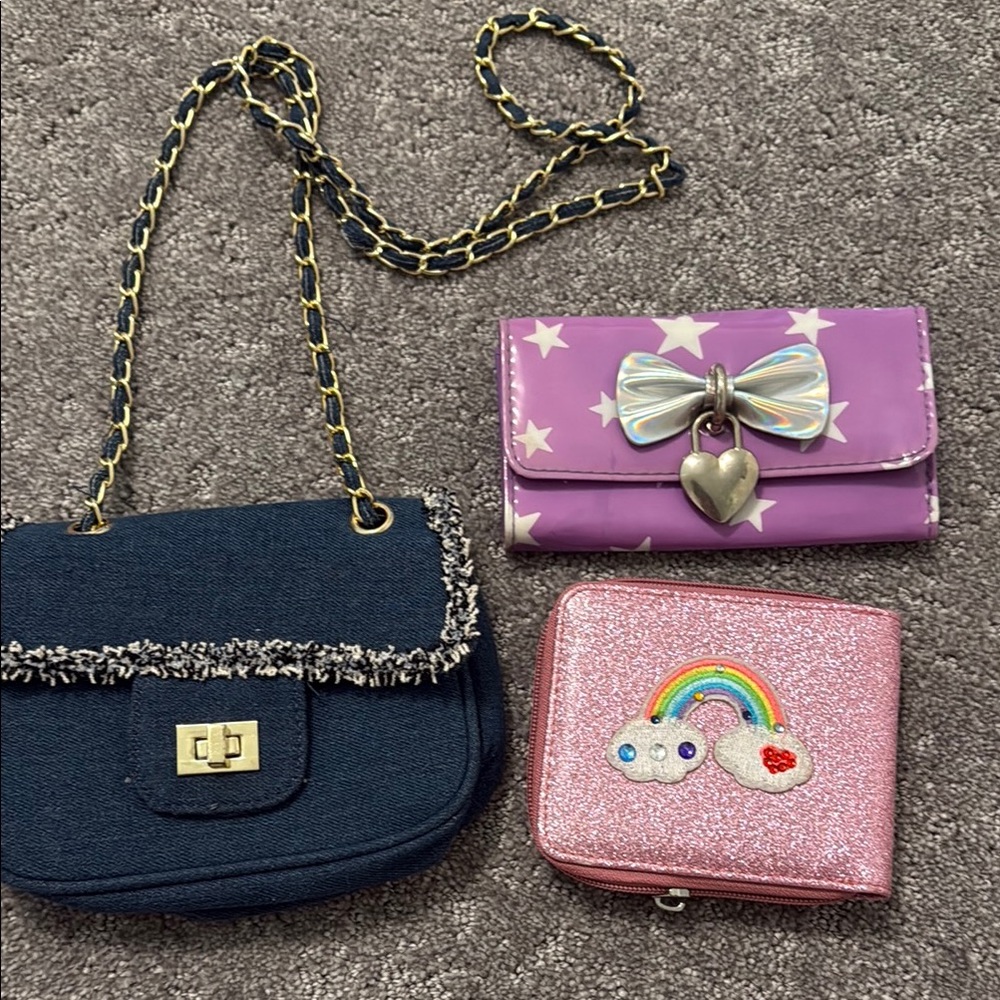 Kids' Pink Glitter and Purple Star Wallet Set and bag